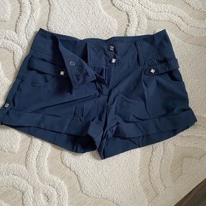Navy blue dress shorts with diamond buttons